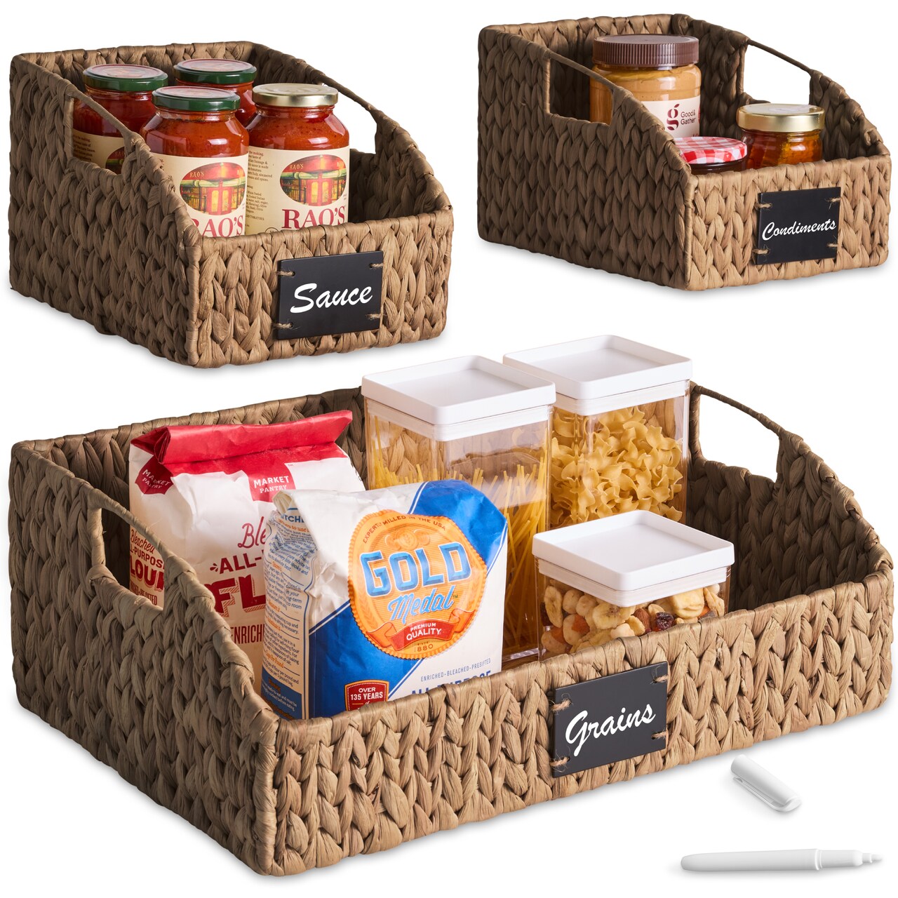 Best Choice Products Hyacinth Angled Pantry Storage Baskets W/ Handles, Chalkboard & Marker (Set of 3)